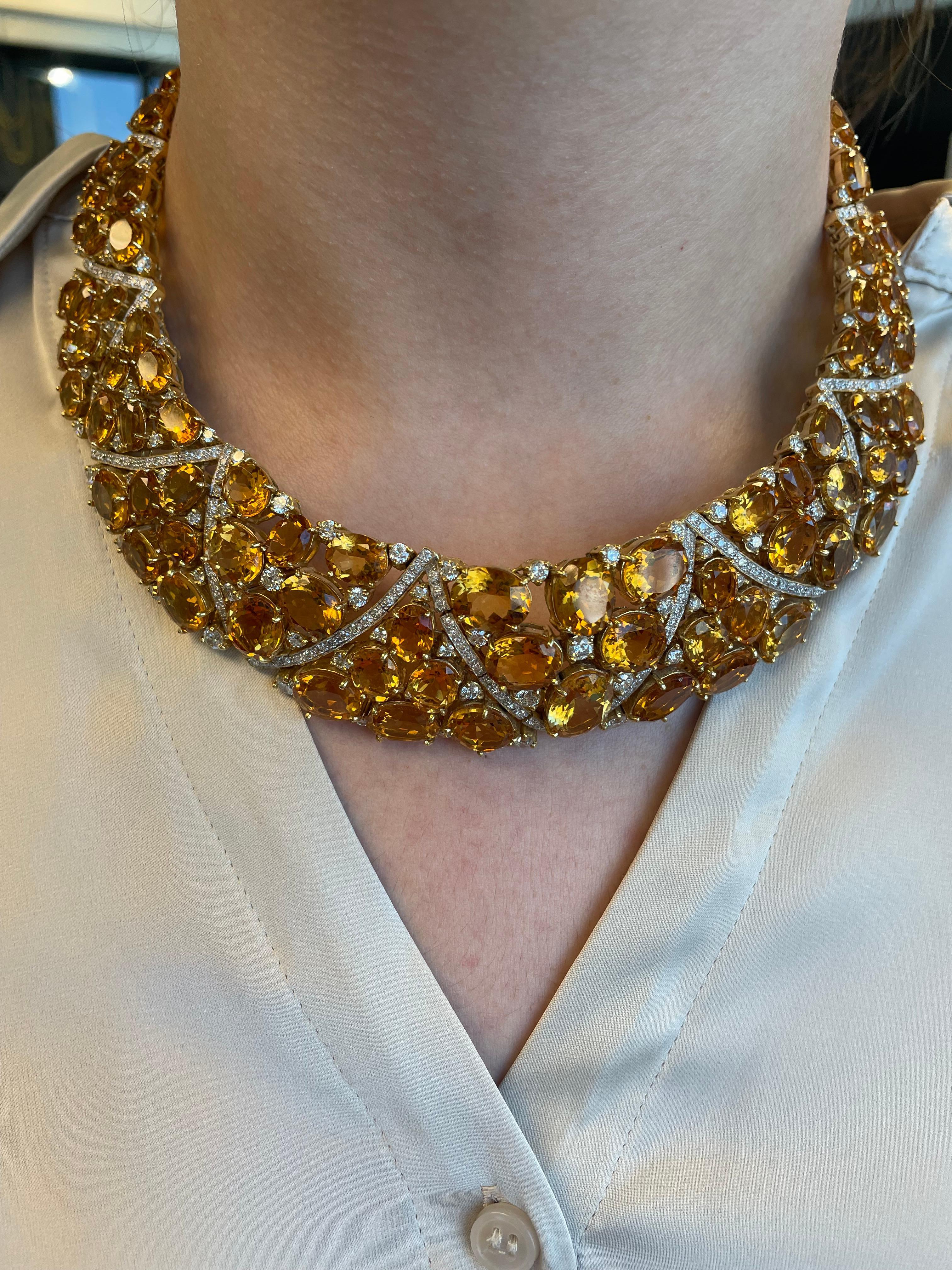 Contemporary 391.86ct Citrine & Diamond Necklace, Bracelet, & Earrings Set 18k Yellow Gold For Sale