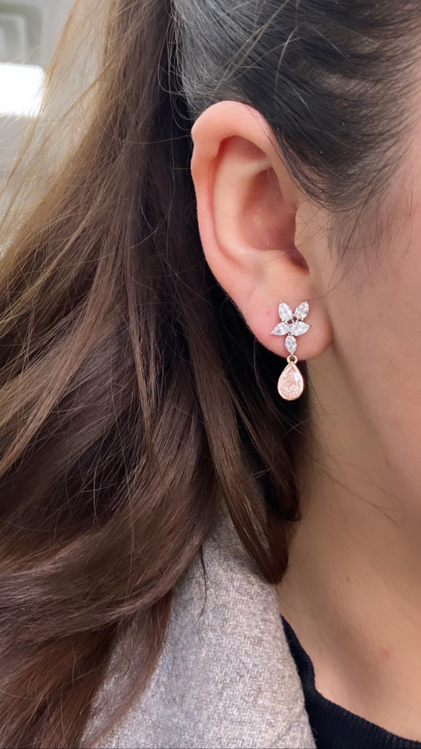 Pear Cut 3.91ct GIA Pink Pear Diamond Drop Earrings For Sale