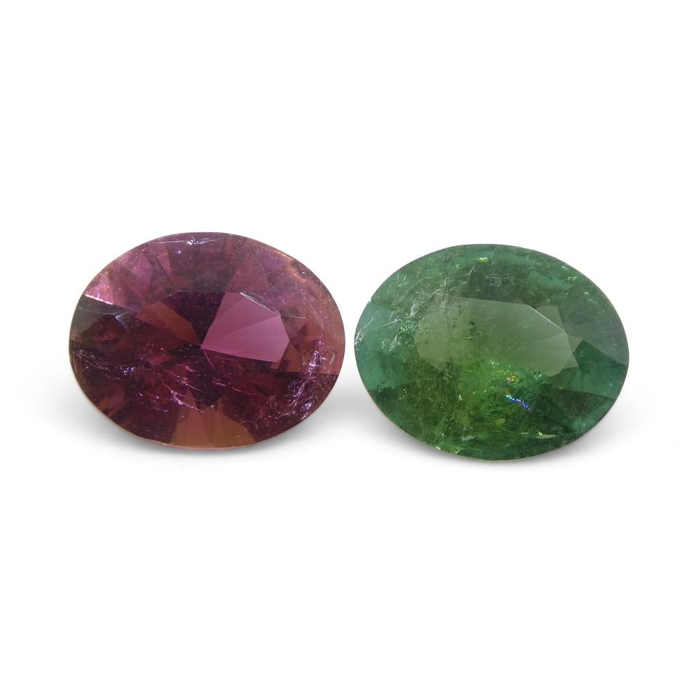 Women's or Men's 3.91ct Pair Oval Green/Pink Tourmaline from Brazil For Sale
