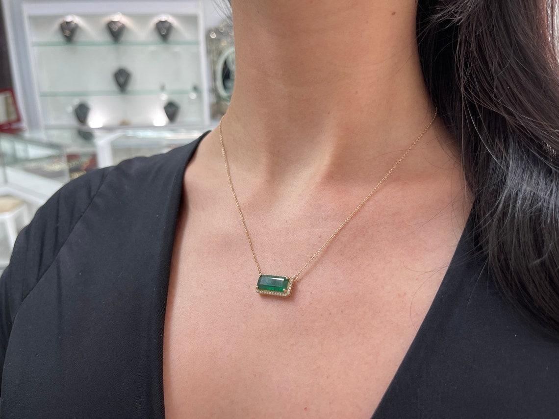 Emerald Cut 3.91tcw 14K Emerald & Diamond Halo Necklace For Sale