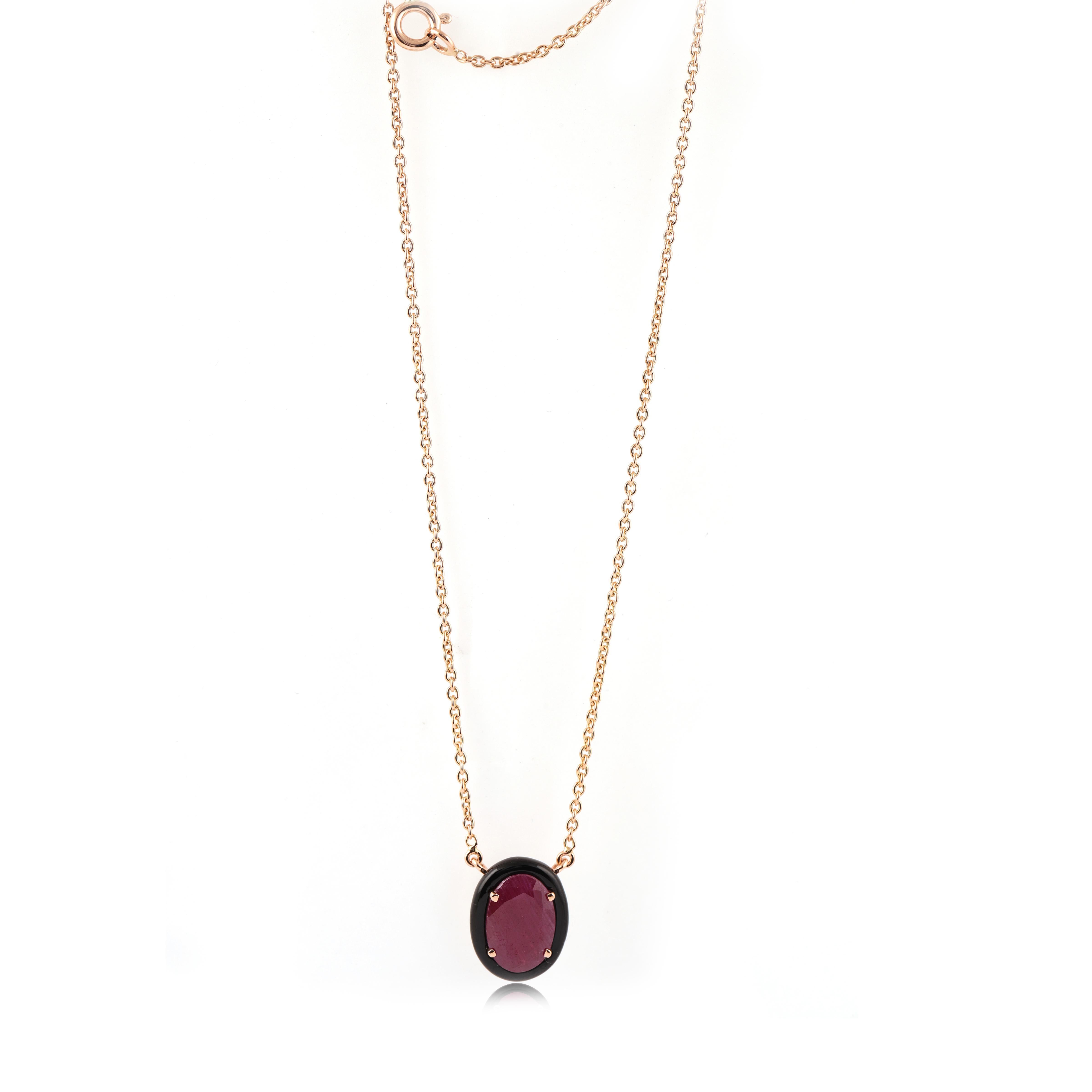 Magnificent Burma Ruby, Black onyx Pendant. 

Ruby: 3.92 carats
Black onyx - 1.64 carat
Rose Gold - 5.01 gm

Custom Services
Available in Different  gem stones 
Request Customization

