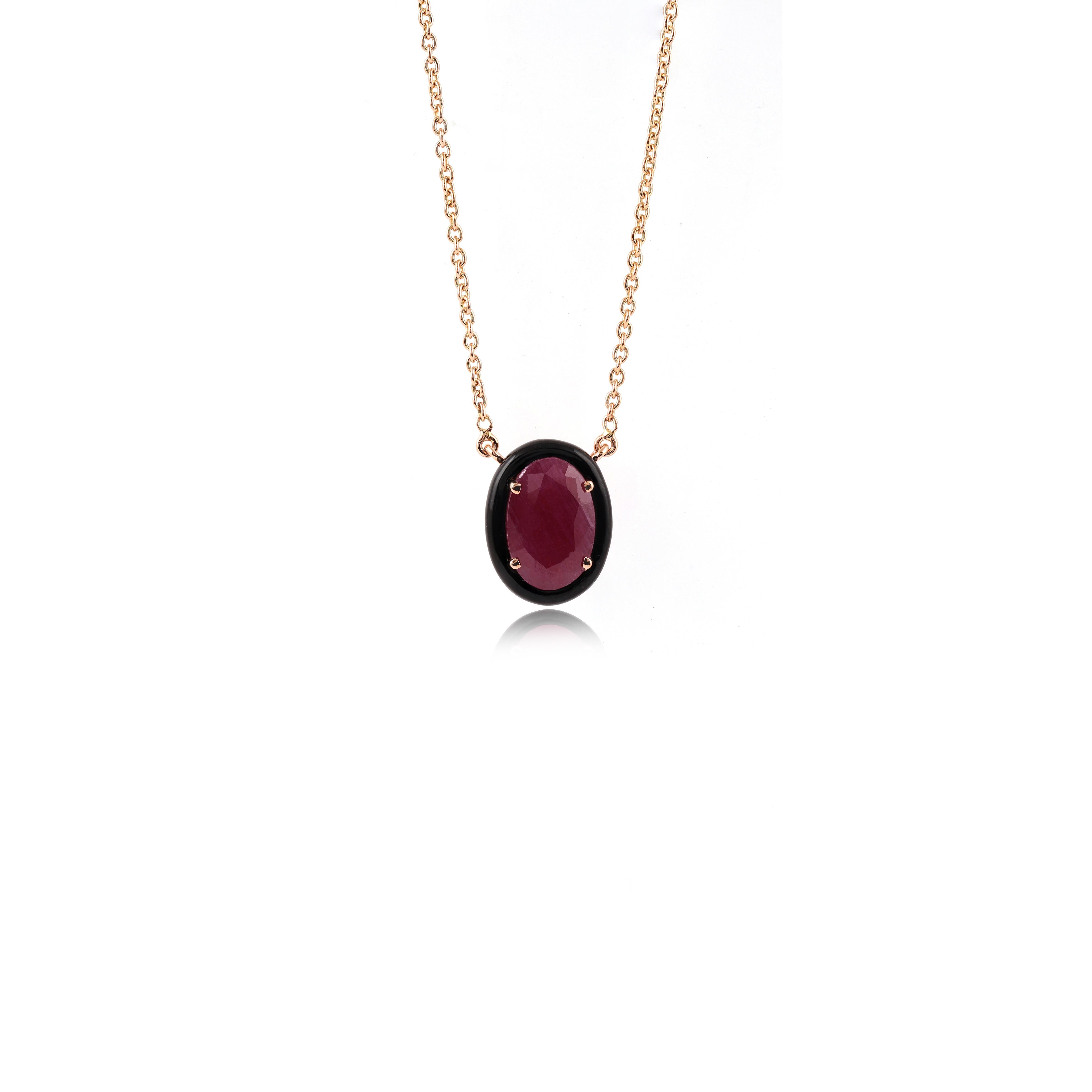 Modernist 3.92 Carat Burma Natural Ruby & Black Onyx Pendant in 18k Solid Rose Gold For Sale