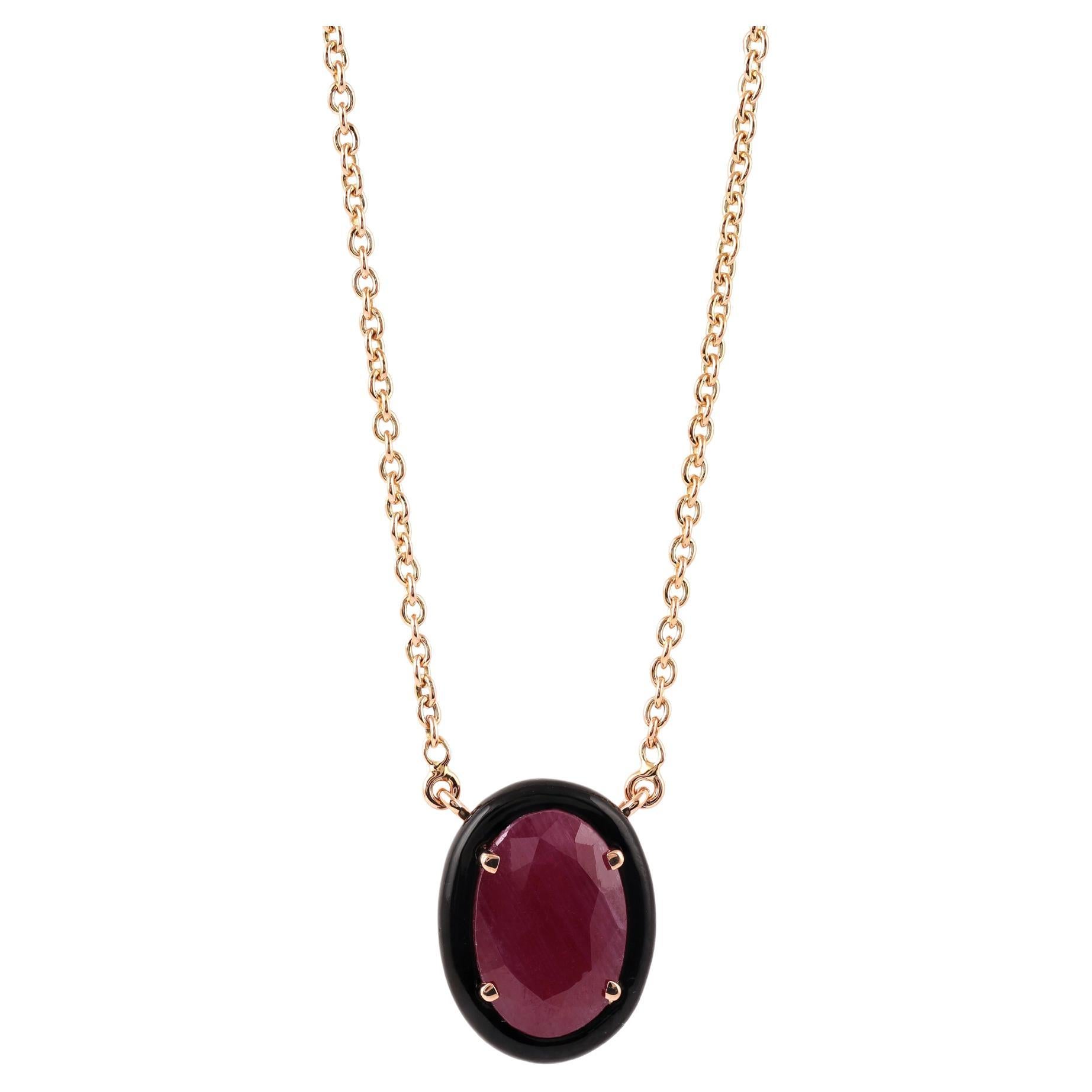 3.92 Carat Burma Natural Ruby & Black Onyx Pendant in 18k Solid Rose Gold