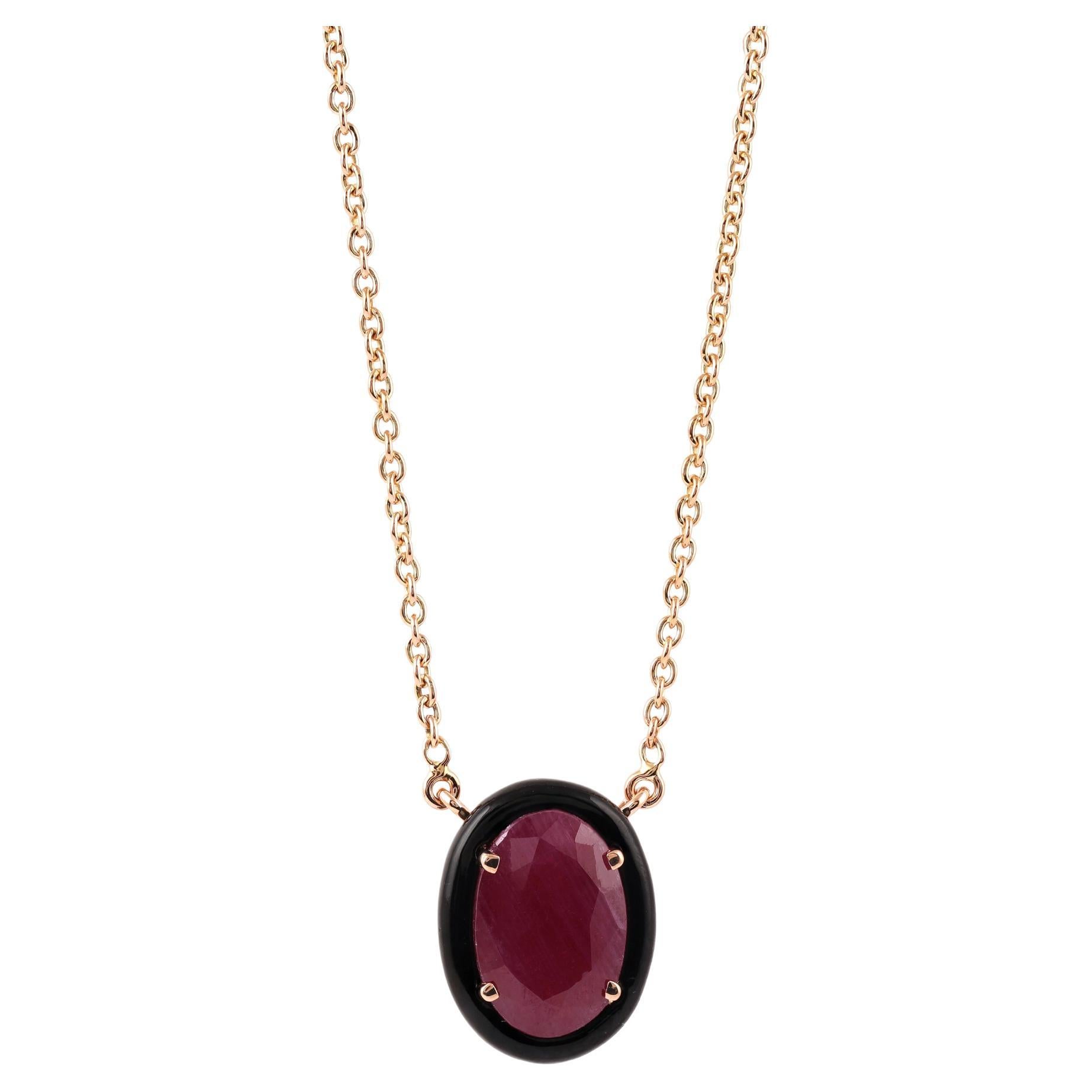 Pendentif en or rose massif 18 carats, rubis naturel de Birmanie et onyx noir, 3,92 carats