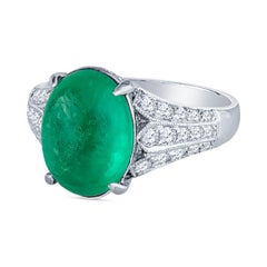 3.92 Carat Cabochon Emerald with 0.35ctw Diamond Fashion Ring, 18kt White Gold