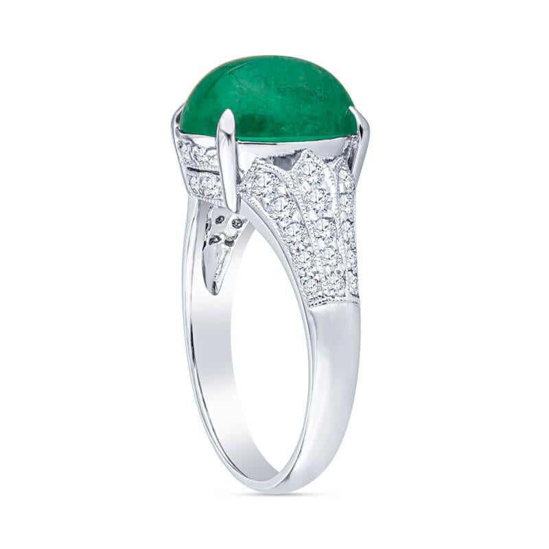 3.92 Carat Cabochon Emerald with 0.35ctw Diamond Fashion Ring, 18kt White Gold In New Condition For Sale In Houston, TX