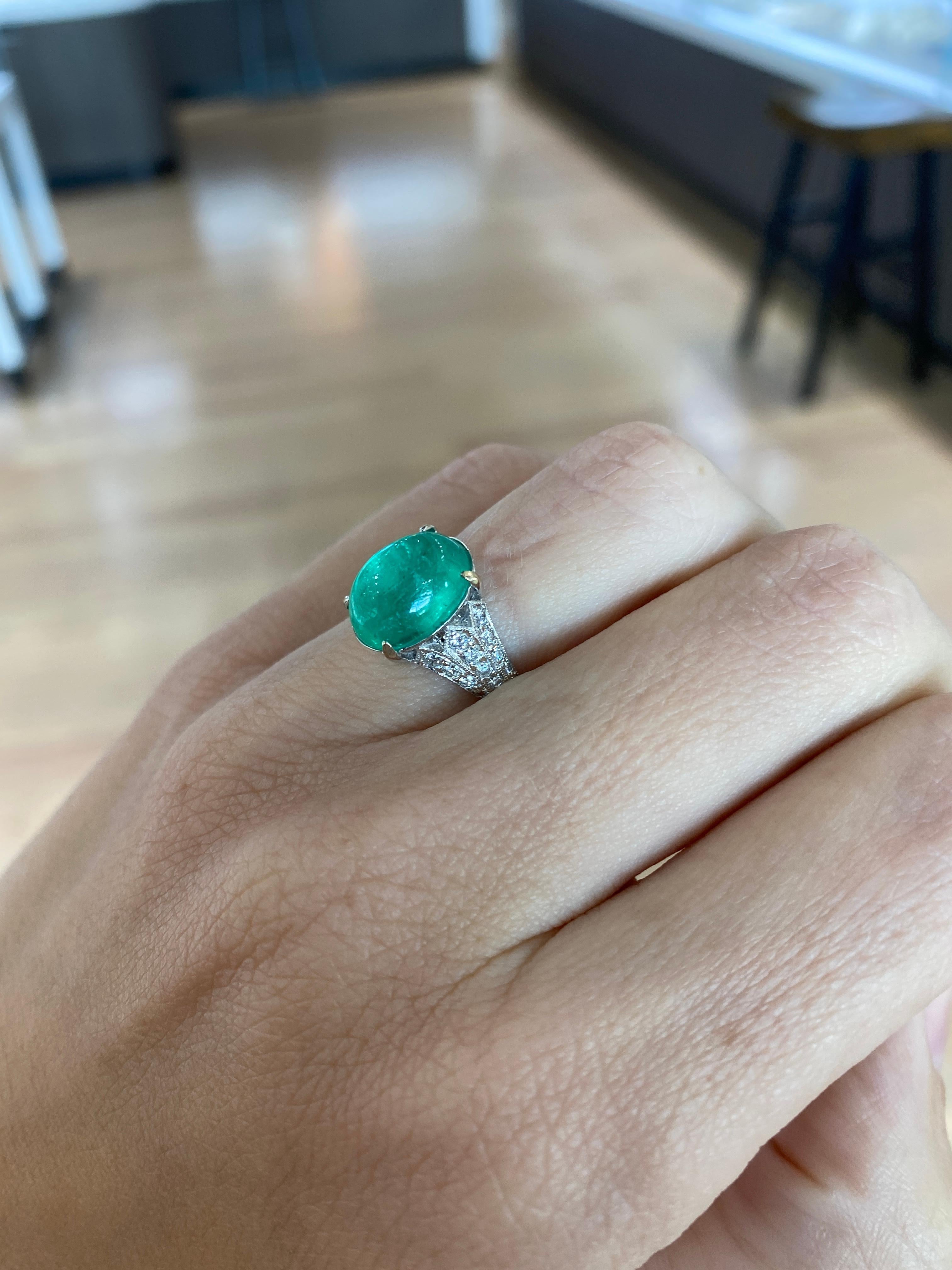 3.92 Carat Cabochon Emerald with 0.35ctw Diamond Fashion Ring, 18kt White Gold For Sale 5