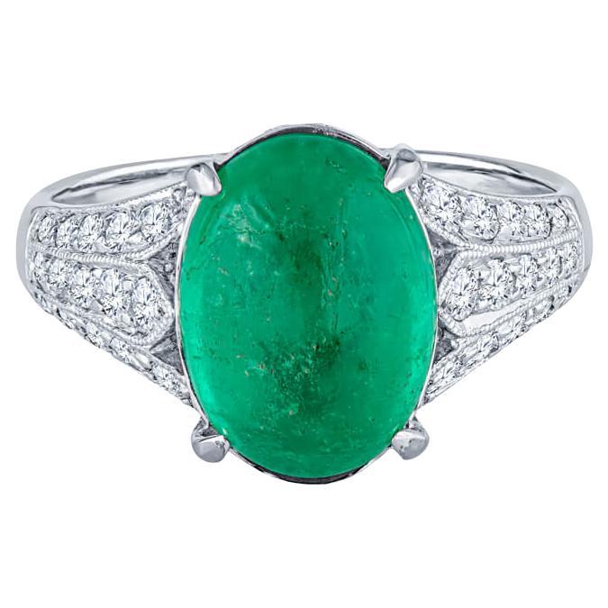 3.92 Carat Cabochon Emerald with 0.35ctw Diamond Fashion Ring, 18kt White Gold For Sale