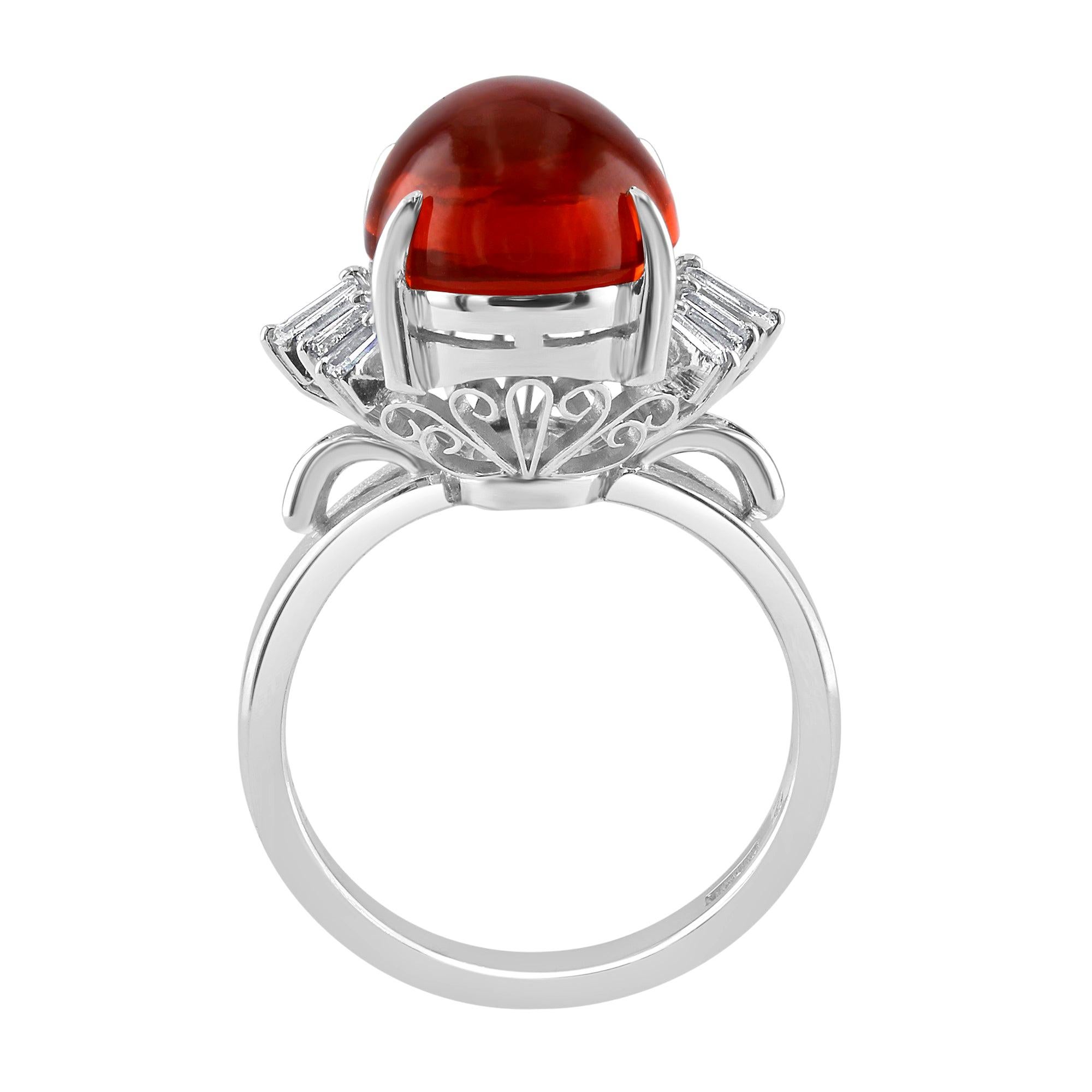 3.92 Carat Mexican Fire Opal Cabochon Ring Set in Platinum For Sale