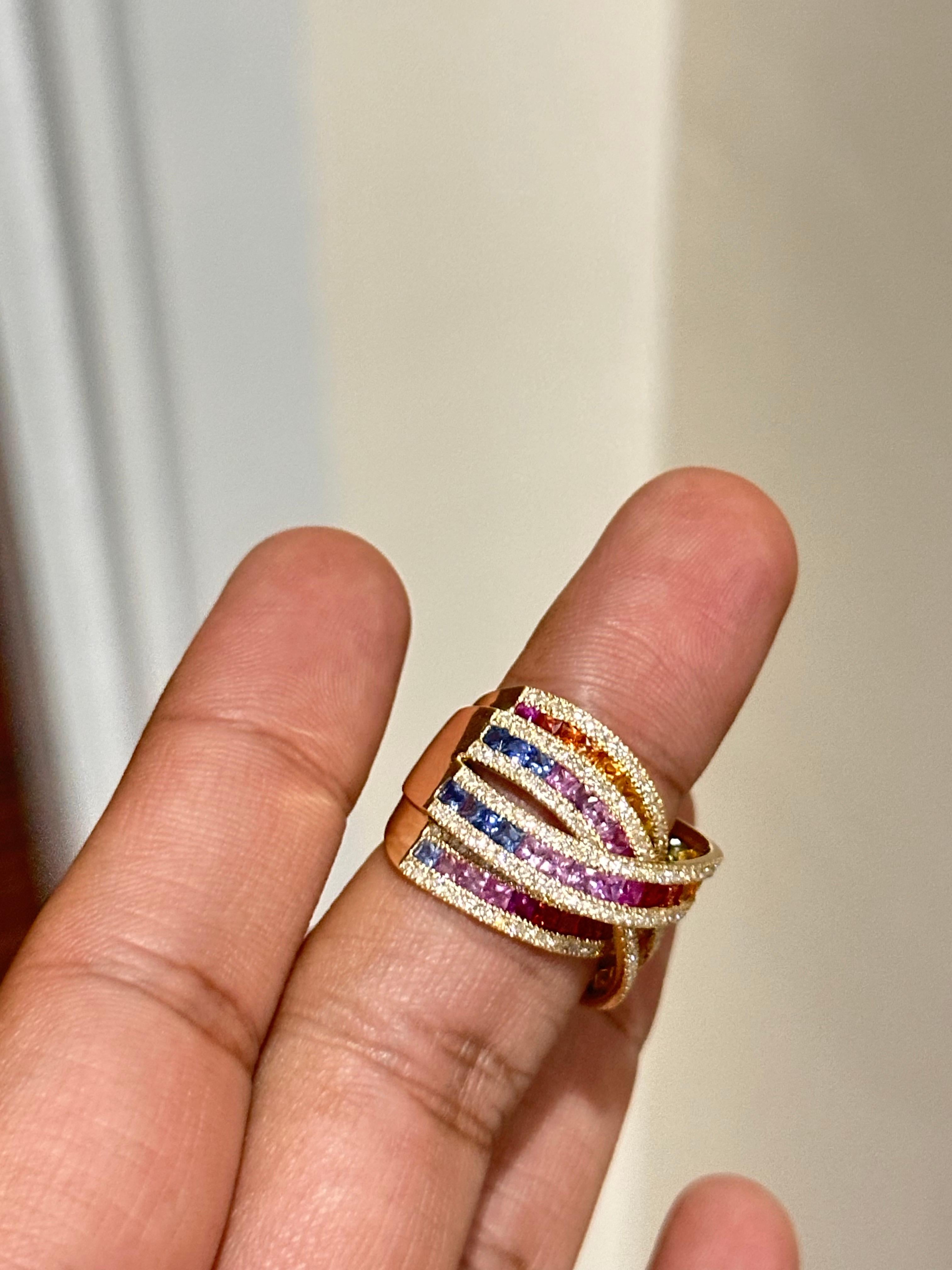 Striking in both color and craftsmanship, this sophisticated ring showcases a magnificent 3.92 carat multi-sapphires, expertly cut and beautifully saturated with regal depth. The sapphire's vivid hue is perfectly complemented by a shimmering array