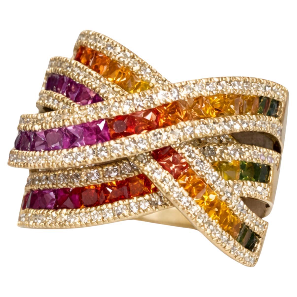 3.92 Carat Multi-Sapphire & Diamond Cocktail Ring Made in 14K White Gold