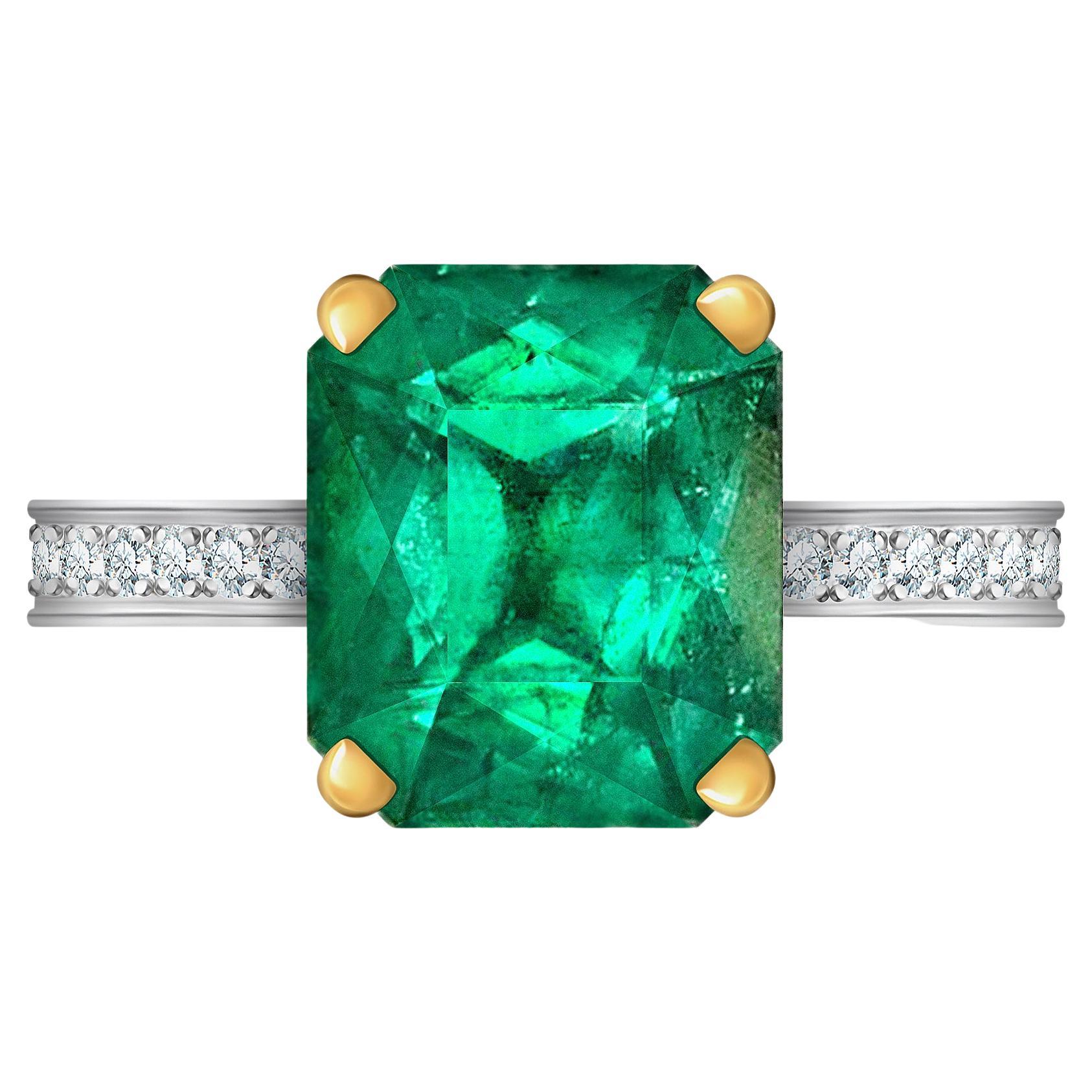 3.92 Carat Natural Emerald 18 Karat White Gold Diamonds Art Deco Collection Rin For Sale