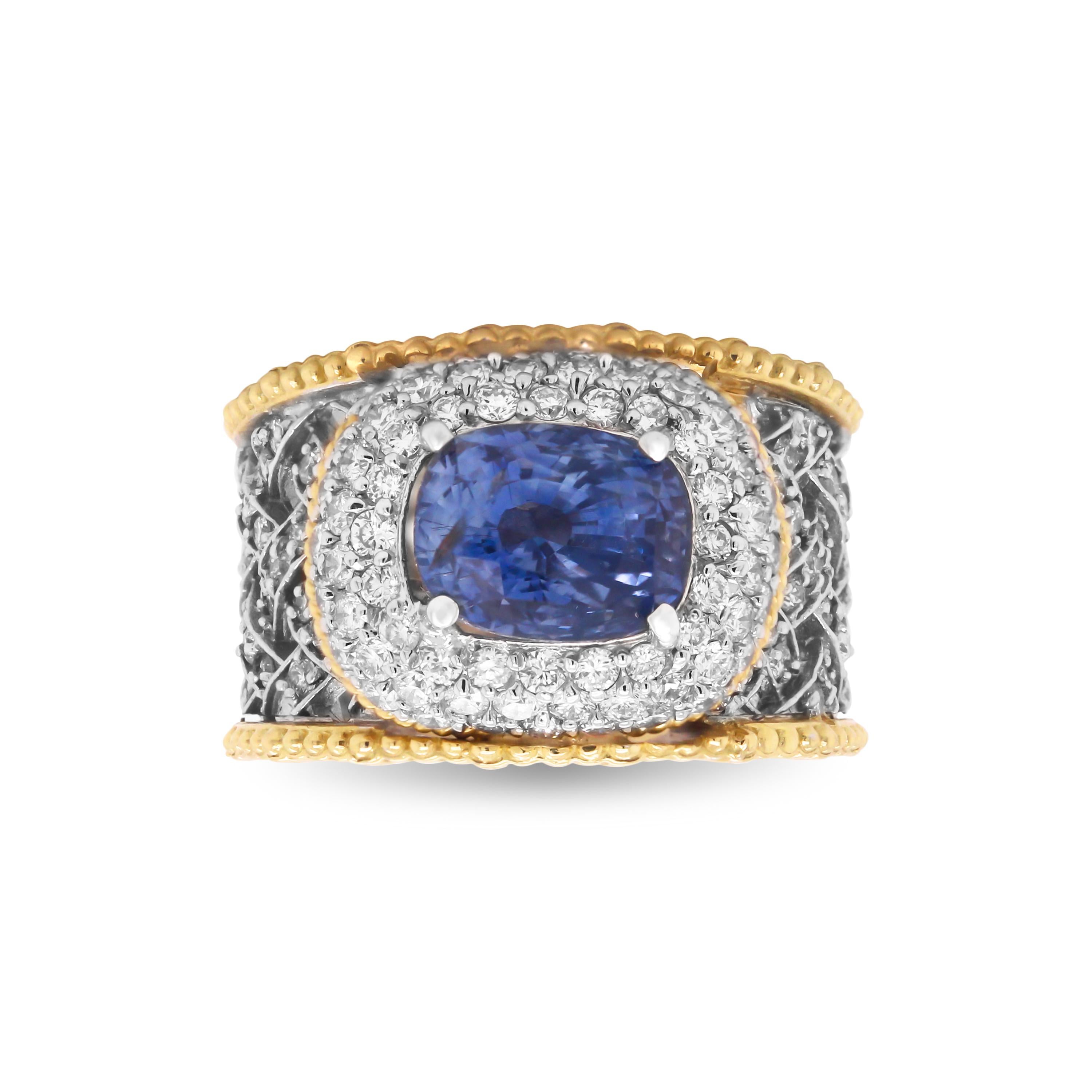 18k Two-Tone Yellow and White Gold Ring with Diamonds and Oval No Heat Blue Sapphire Center by Stambolian

This one-of-a-kind ring by Stambolian features a remarkable design with inspirations from Architectural influence. 

1.82 carat G color, VS
