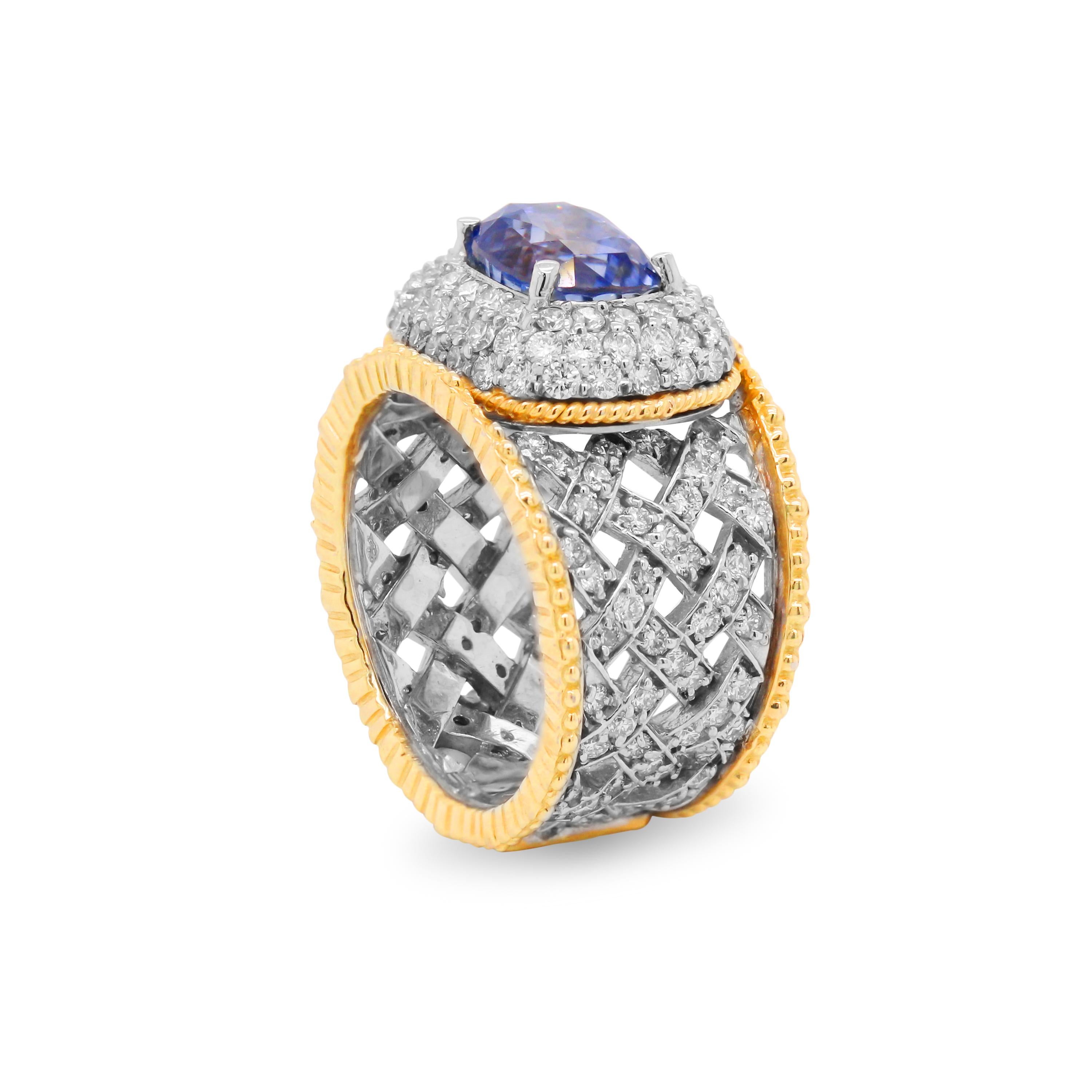 Contemporary 3.92 Carat No Heat Blue Sapphire and Diamond Two-Tone Gold Ring Stambolian
