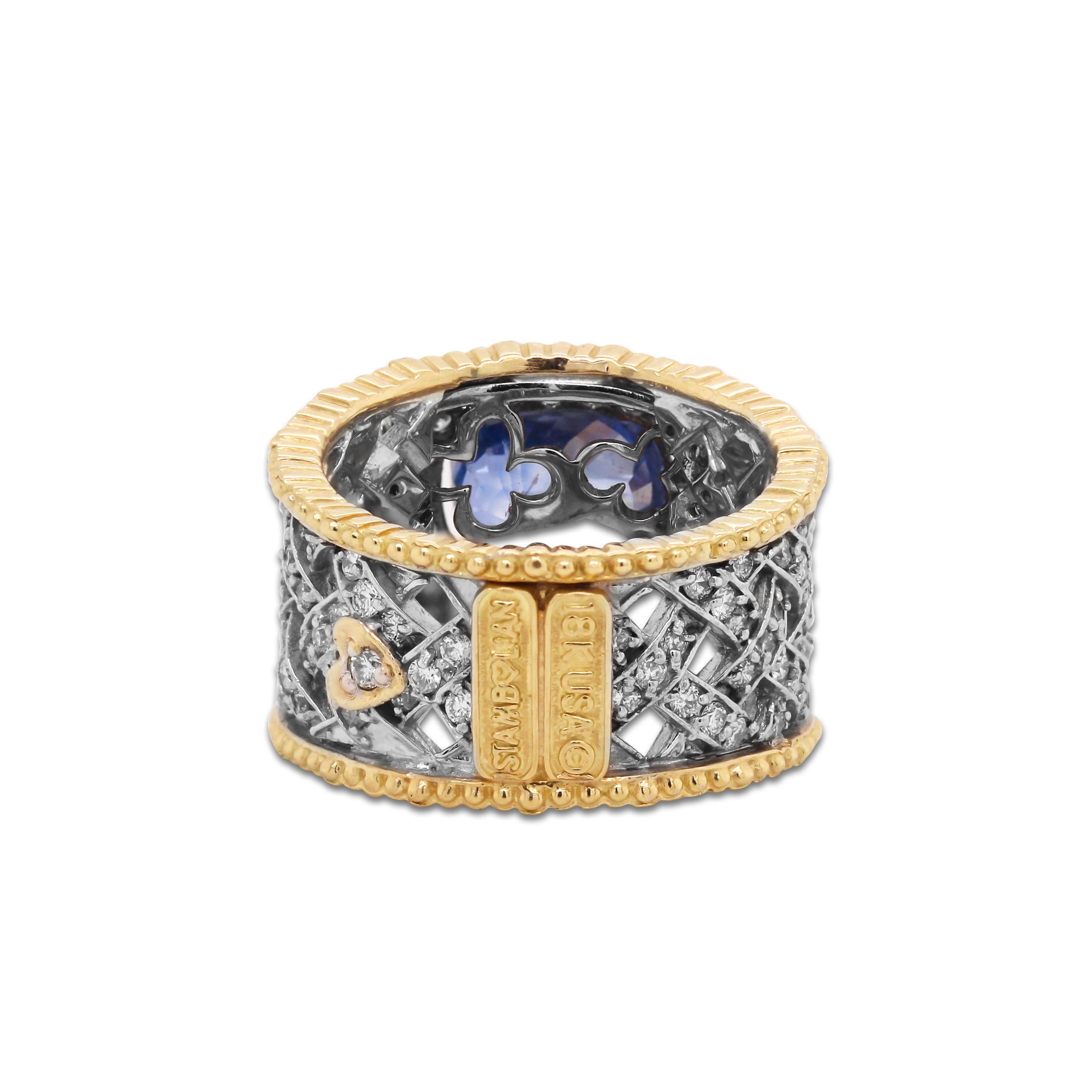 Oval Cut 3.92 Carat No Heat Blue Sapphire and Diamond Two-Tone Gold Ring Stambolian