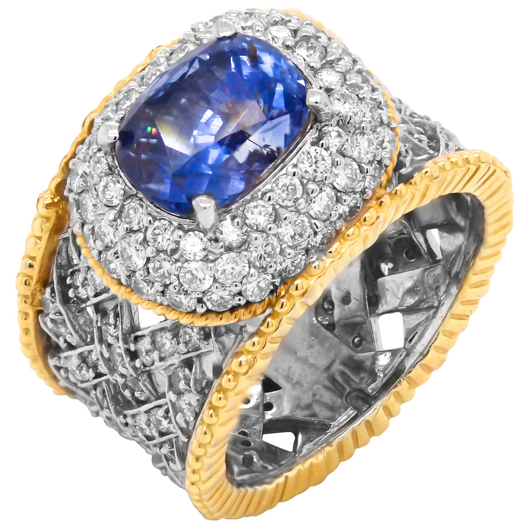 3.92 Carat No Heat Blue Sapphire and Diamond Two-Tone Gold Ring Stambolian