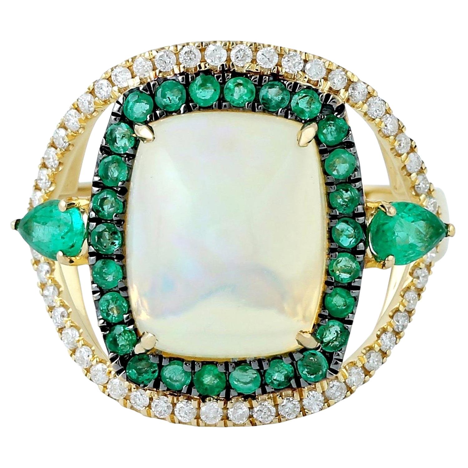 For Sale:  3.92 Carat Opal Emerald 18 Karat Gold Diamond Ring