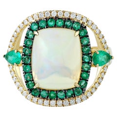 3.92 Carat Opal Emerald 18 Karat Gold Diamond Ring