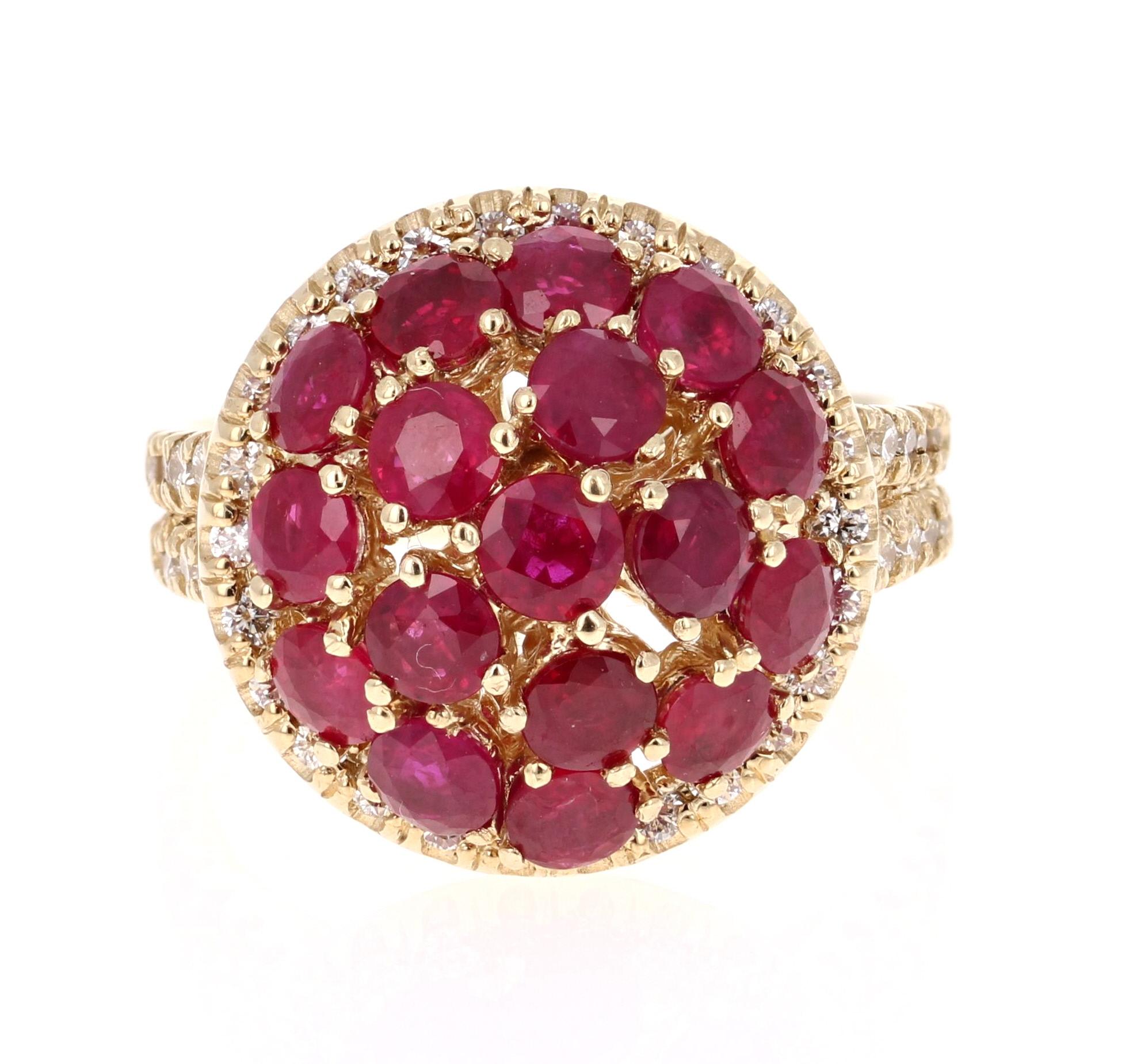 This is a breath-taking Ruby and Diamond Cluster/Cocktail Ring.  

There is cluster of 17 Burmese Round Cut Rubies that weigh 3.20 carats. The Rubies are surrounded by 56 Round Cut Diamonds that weigh 0.72 carats (Clarity: VS2, Color: H). The total