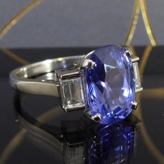 3.92 Carat Sapphire and Diamond Three-Stone Ring, Platinum Band
