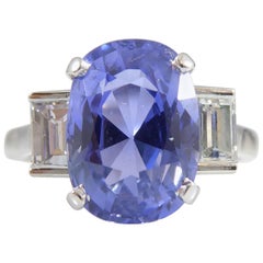 3.92 Carat Sapphire and Diamond Three-Stone Ring, Platinum Band