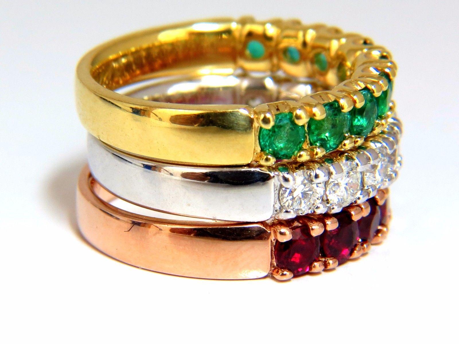 Stackable colors

1.77ct. round cut Natural Rubies,

1.05ct diamonds &

1.10ct emeralds stackable rings.

three rings.

Rubies:

(VS) Clean Clarity 

Transparent & Vivid red colors.



Diamonds:

G-color VS-2 clarity.



Emeralds:

Rounds, full cut