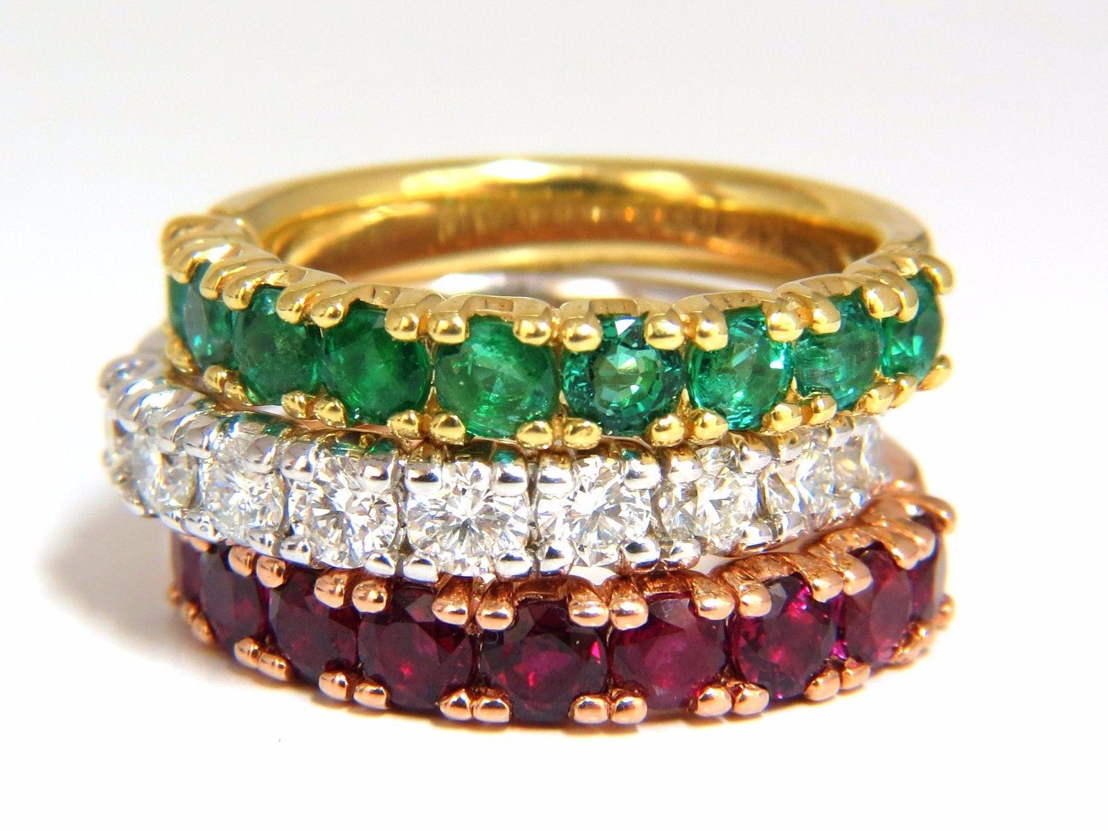 3.92 Carat Stackable Natural Vivid Red Ruby Emerald Diamond Bands 14 Karat g/vs In New Condition In New York, NY