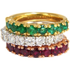 3.92 Carat Stackable Natural Vivid Red Ruby Emerald Diamond Bands 14 Karat g/vs