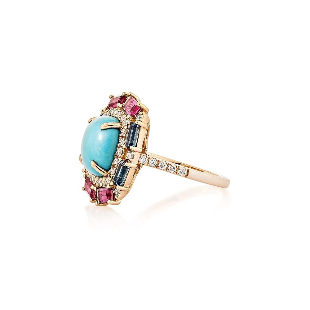 Contemporary 3.92 Carat Turquoise Fancy Ring in 18KRG with Multi Gemstone & Diamond.   For Sale
