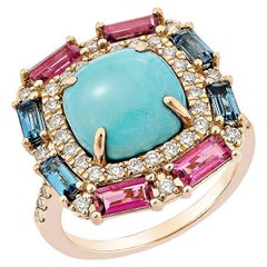 3.92 Carat Turquoise Fancy Ring in 18KRG with Multi Gemstone & Diamond.  