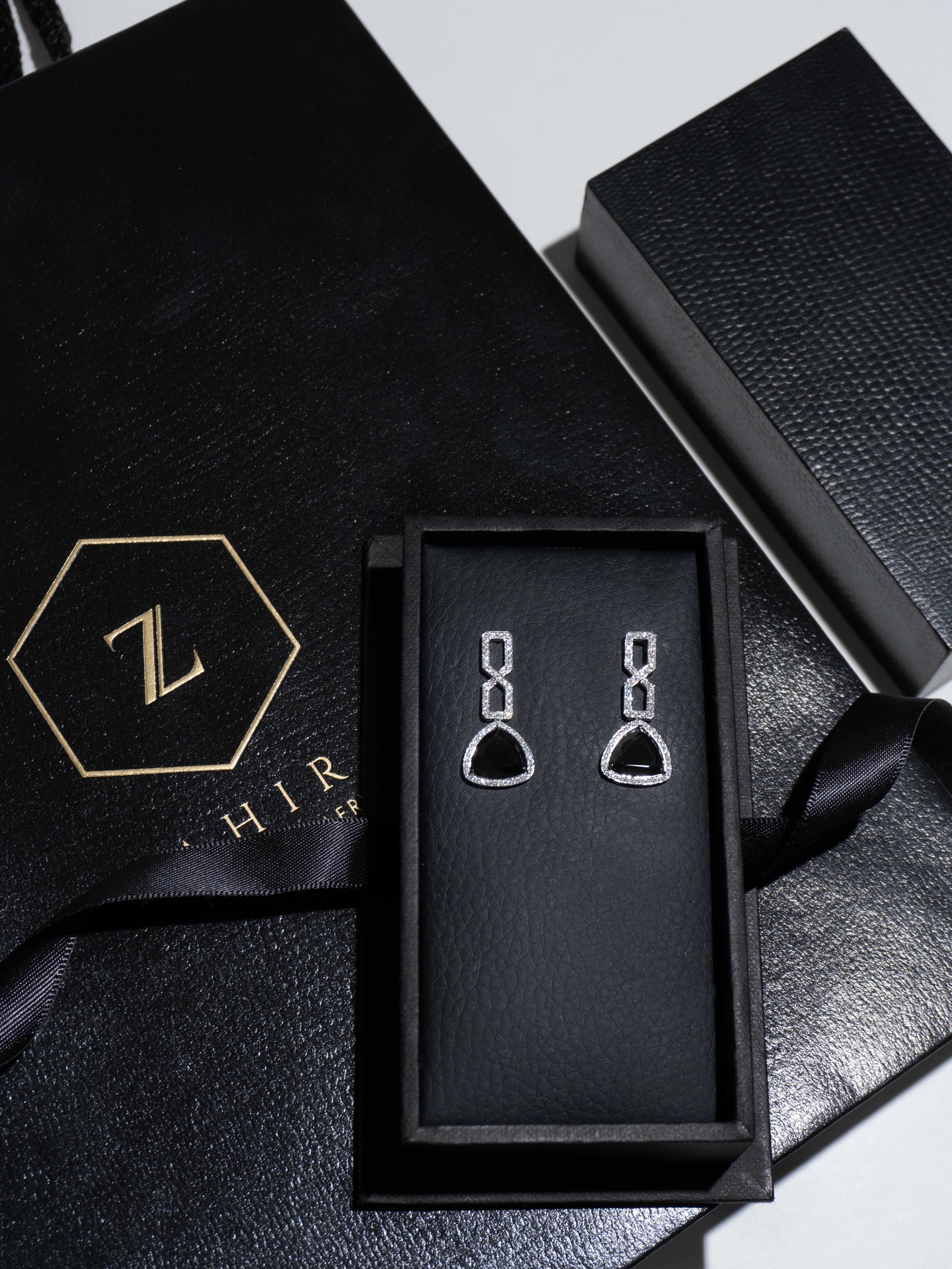 Women's 3.92 Carats Black Onyx and Diamond Dangle Earrings in 18K White Gold For Sale