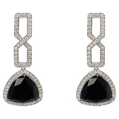 3.92 Carats Black Onyx and Diamond Dangle Earrings in 18K White Gold 