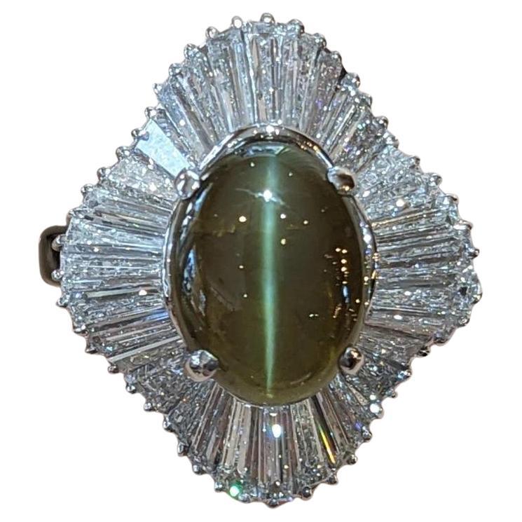 Bague en platine 3,92 ct Cats Eye Chrysoberyl et diamant