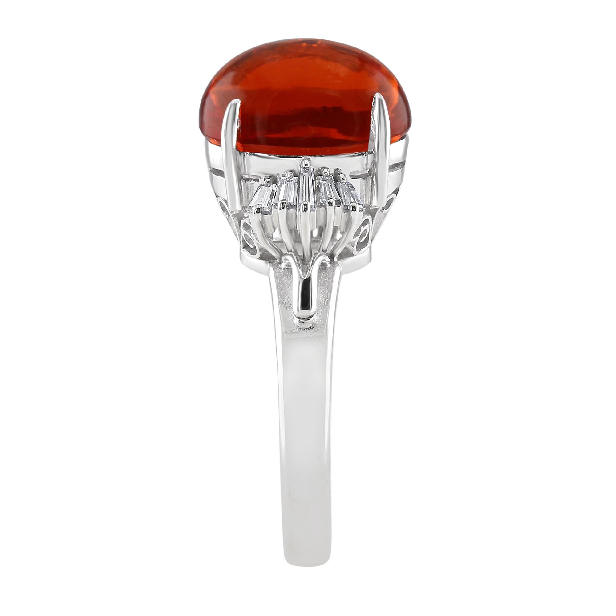 Modern 3.92 Carat Mexican Fire Opal Cabochon Ring Set in Platinum For Sale