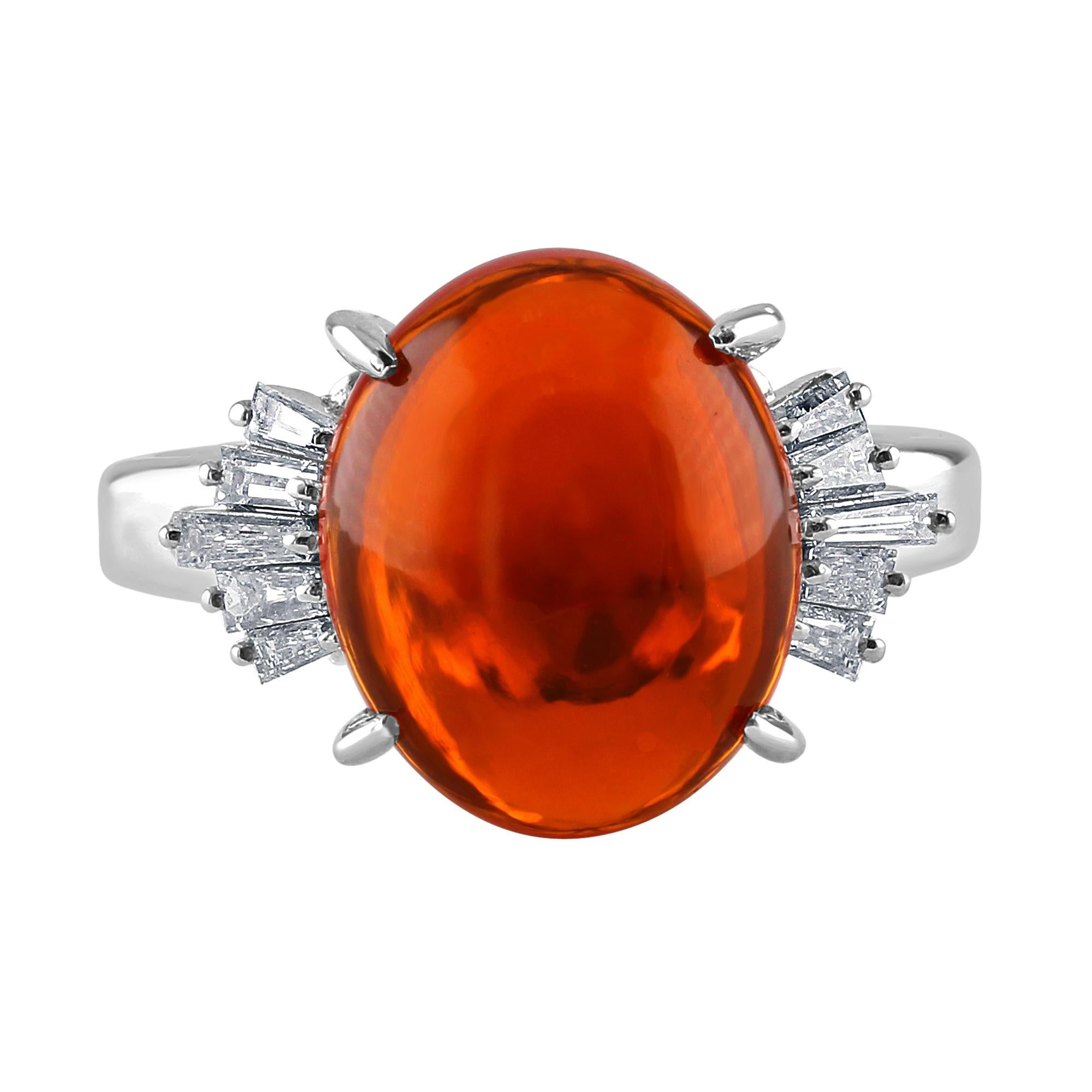 Oval Cut 3.92 Carat Mexican Fire Opal Cabochon Ring Set in Platinum For Sale