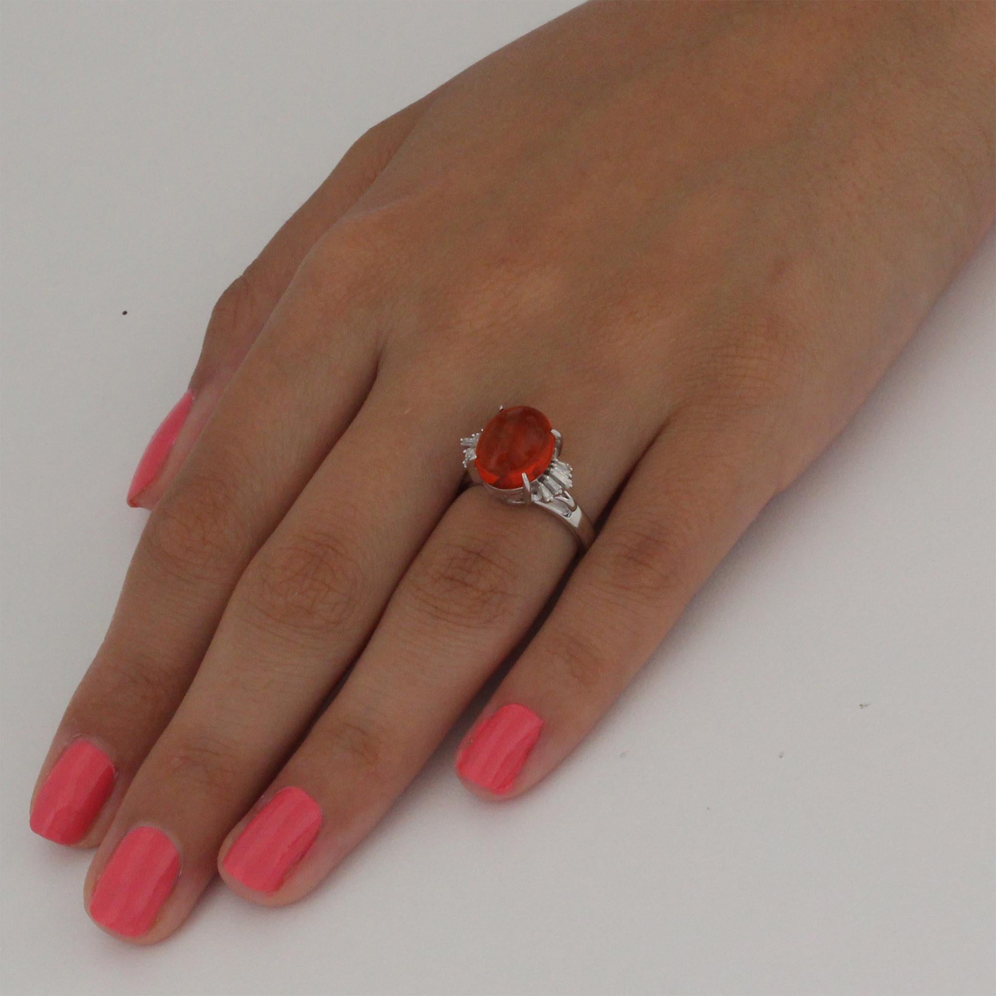 Women's 3.92 Carat Mexican Fire Opal Cabochon Ring Set in Platinum For Sale