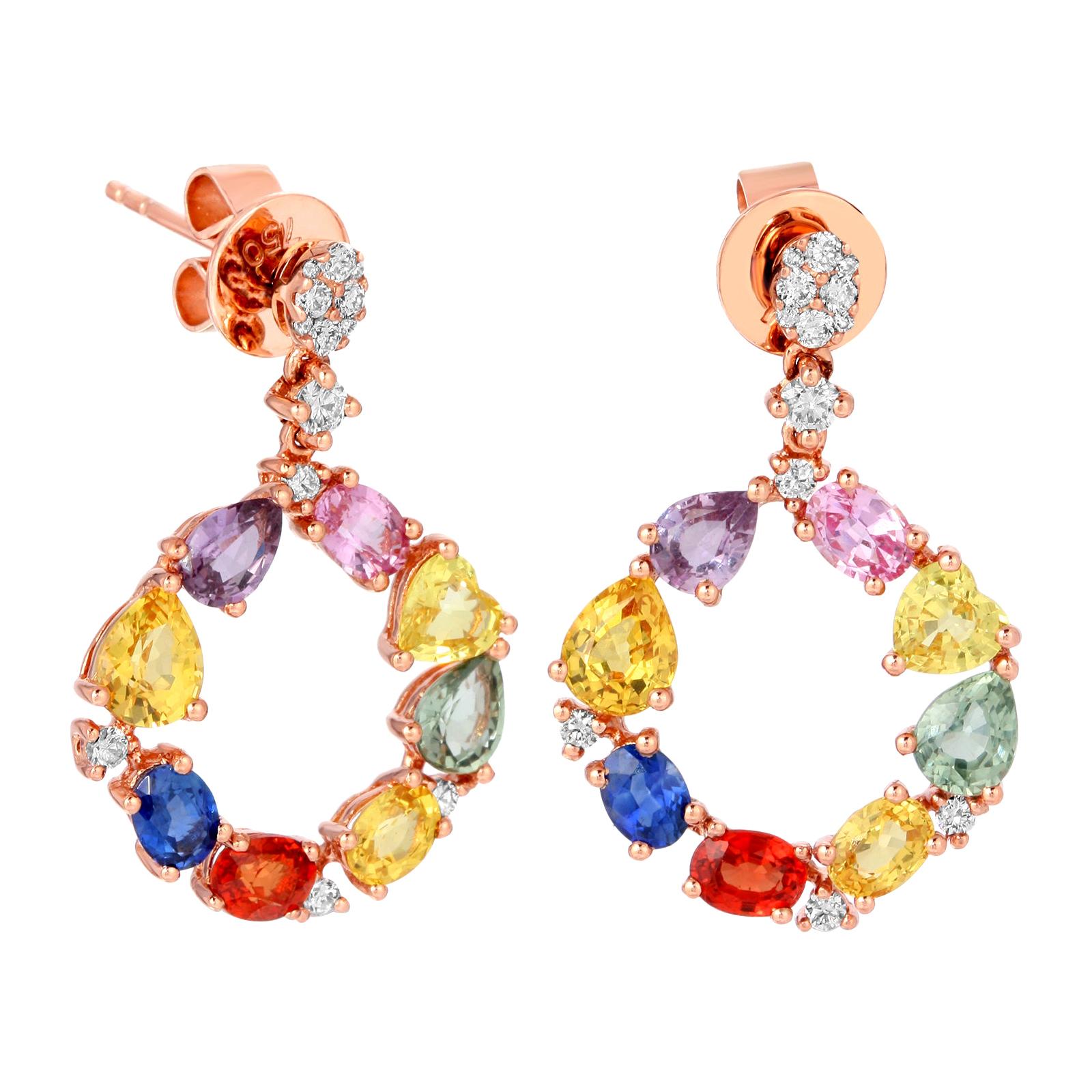 3.92 CT Multicoloer Sapphires 0.39 CT Diamonds 18 K Rose Gold Dangle Earrings For Sale