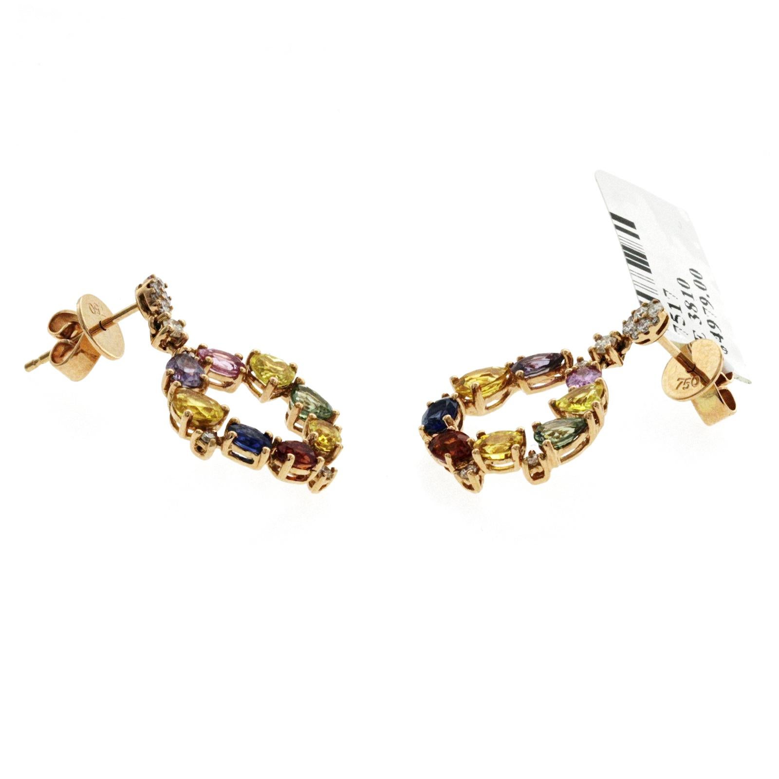 3.92 CT Multicoloer Sapphires 0.39 CT Diamonds 18 K Rose Gold Dangle Earrings In Excellent Condition For Sale In Los Angeles, CA