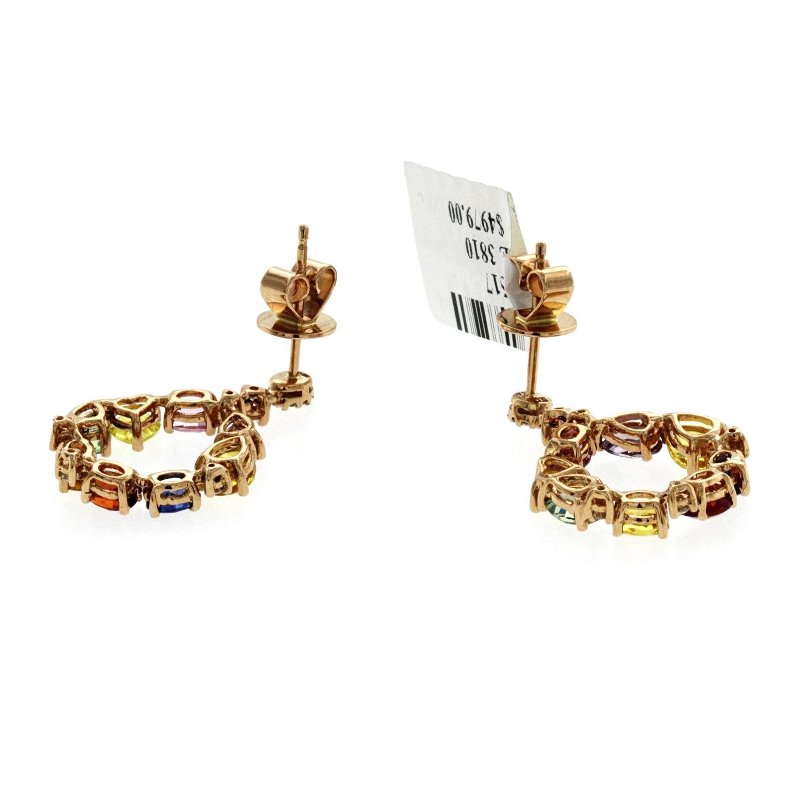 Women's 3.92 CT Multicoloer Sapphires 0.39 CT Diamonds 18 K Rose Gold Dangle Earrings For Sale