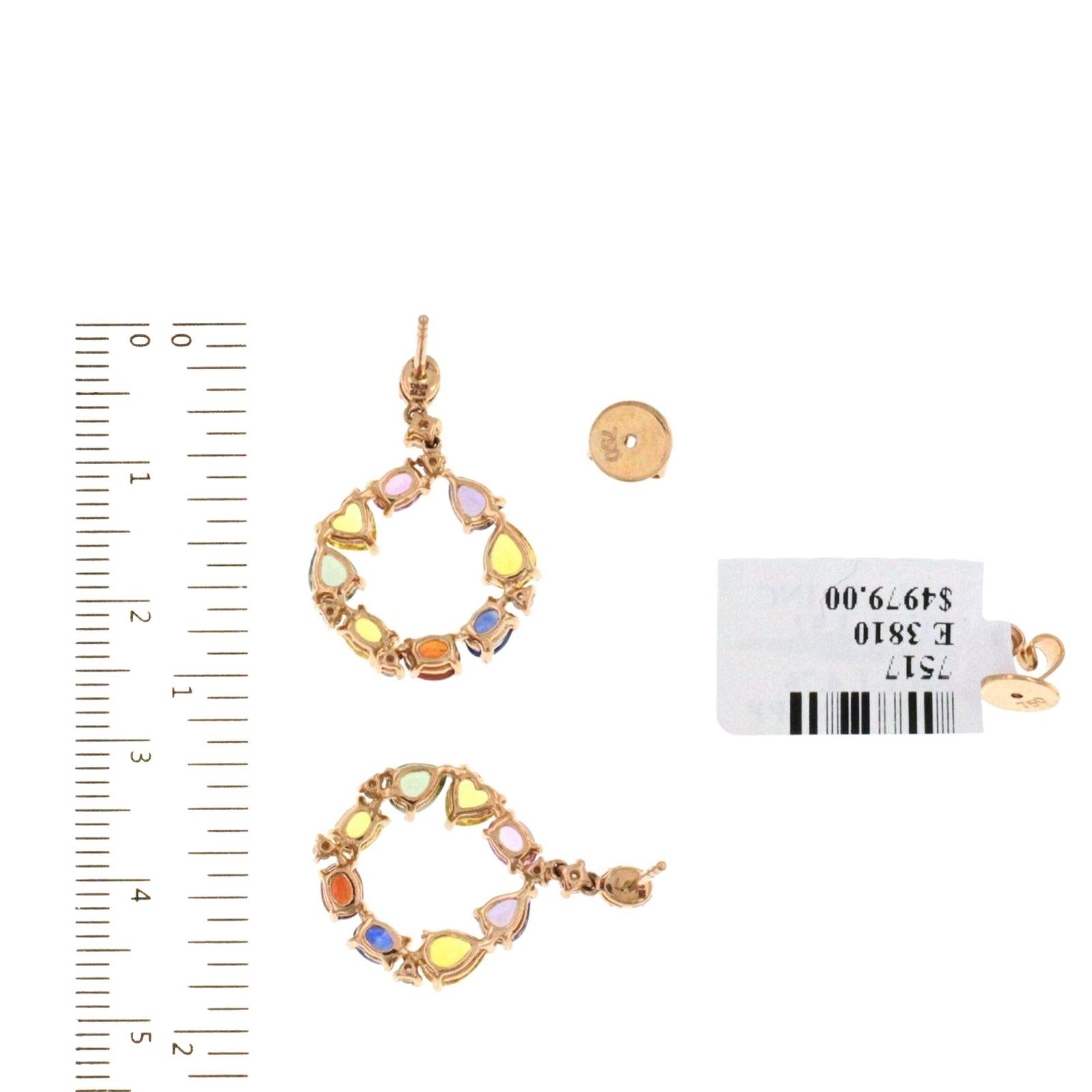 3.92 CT Multicoloer Sapphires 0.39 CT Diamonds 18 K Rose Gold Dangle Earrings For Sale 1
