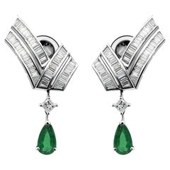 3.92 TCW Baguette Cut Diamond Drop Emerald Stud Earrings 18k White Gold
