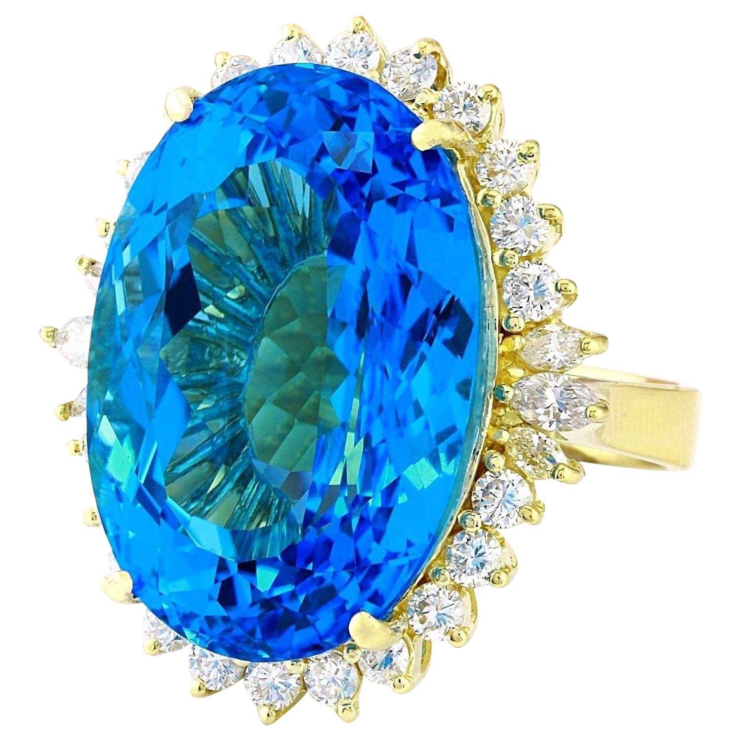 39.25 Carat Natural Topaz 14K Solid Yellow Gold Diamond Ring
 Item Type: Ring
 Item Style: Cocktail
 Material: 14K Yellow Gold
 Mainstone: Topaz
 Stone Color: Blue
 Stone Weight: 38.00 Carat
 Stone Shape: Oval
 Stone Quantity: 1
 Stone Dimensions: