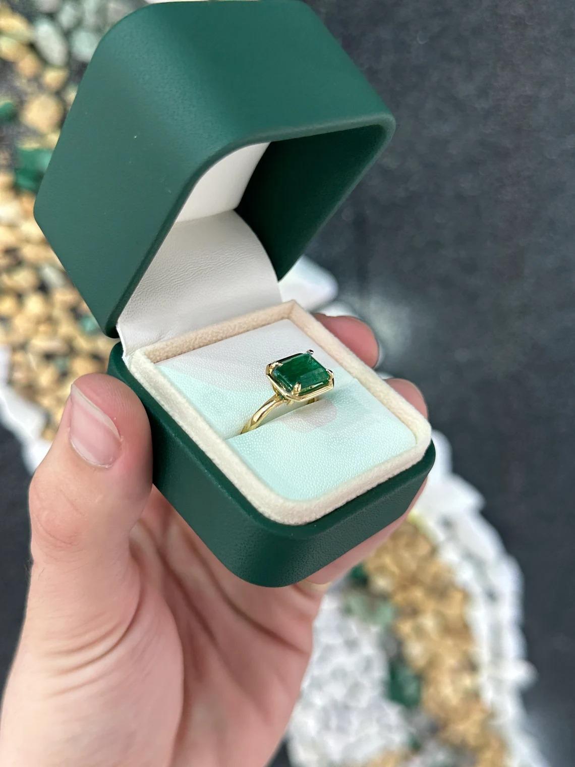 3.92ct 18K Forest Green Emerald Cut Emerald East to West Solitaire Gold Ring In New Condition For Sale In Jupiter, FL