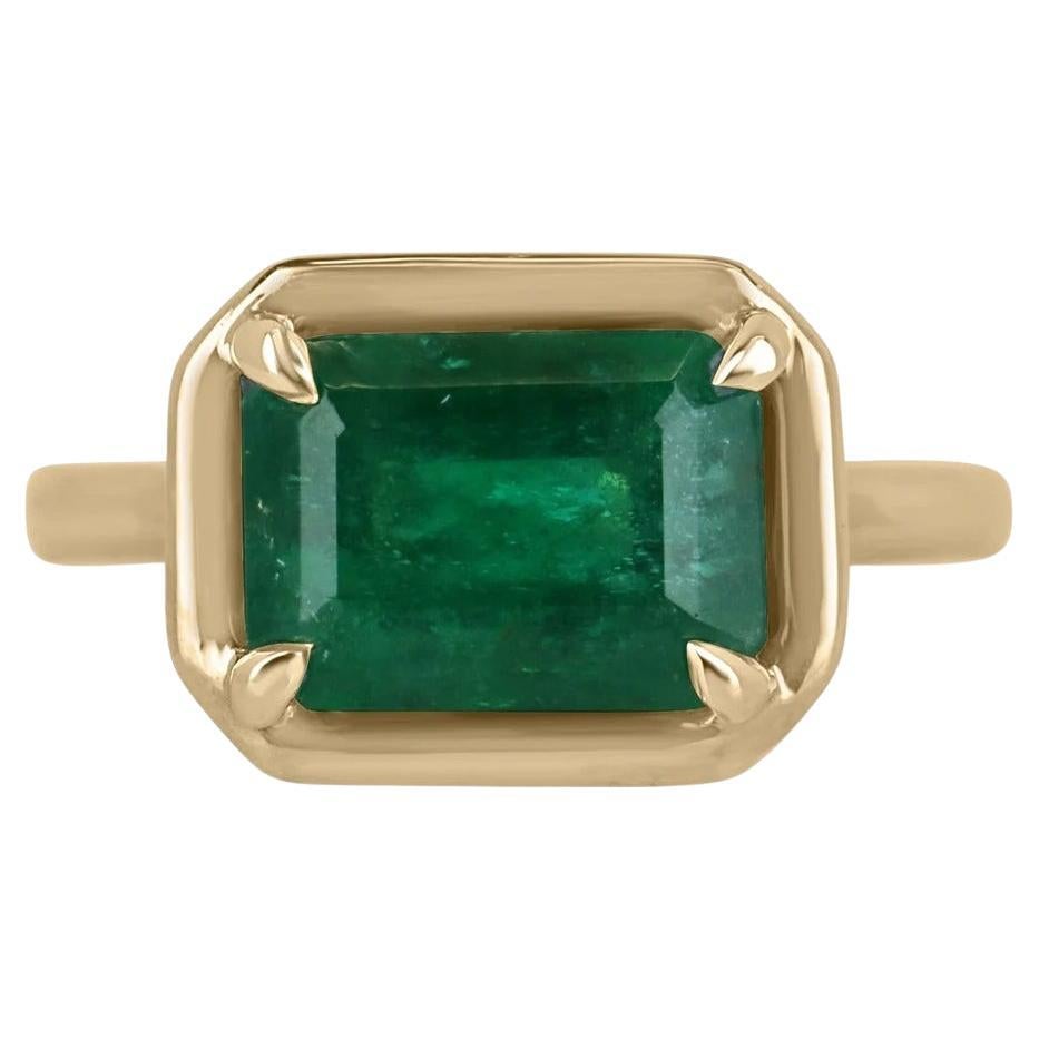 3.92ct 18K Forest Green Emerald Cut Emerald East to West Solitaire Gold Ring