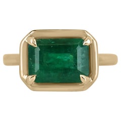 3.92ct 18K Forest Green Emerald Cut Emerald East to West Solitaire Gold Ring