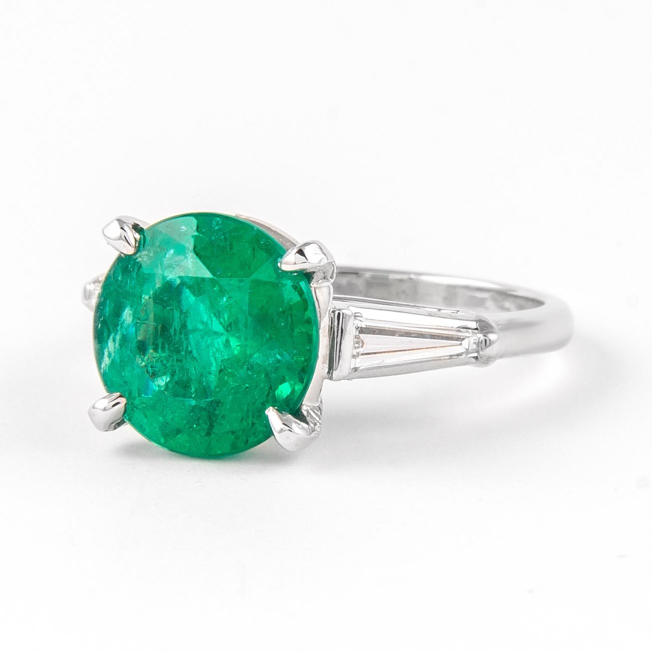 Contemporary 3.92ct Round Emerald with Diamond Three-Stone Ring Platinum For Sale
