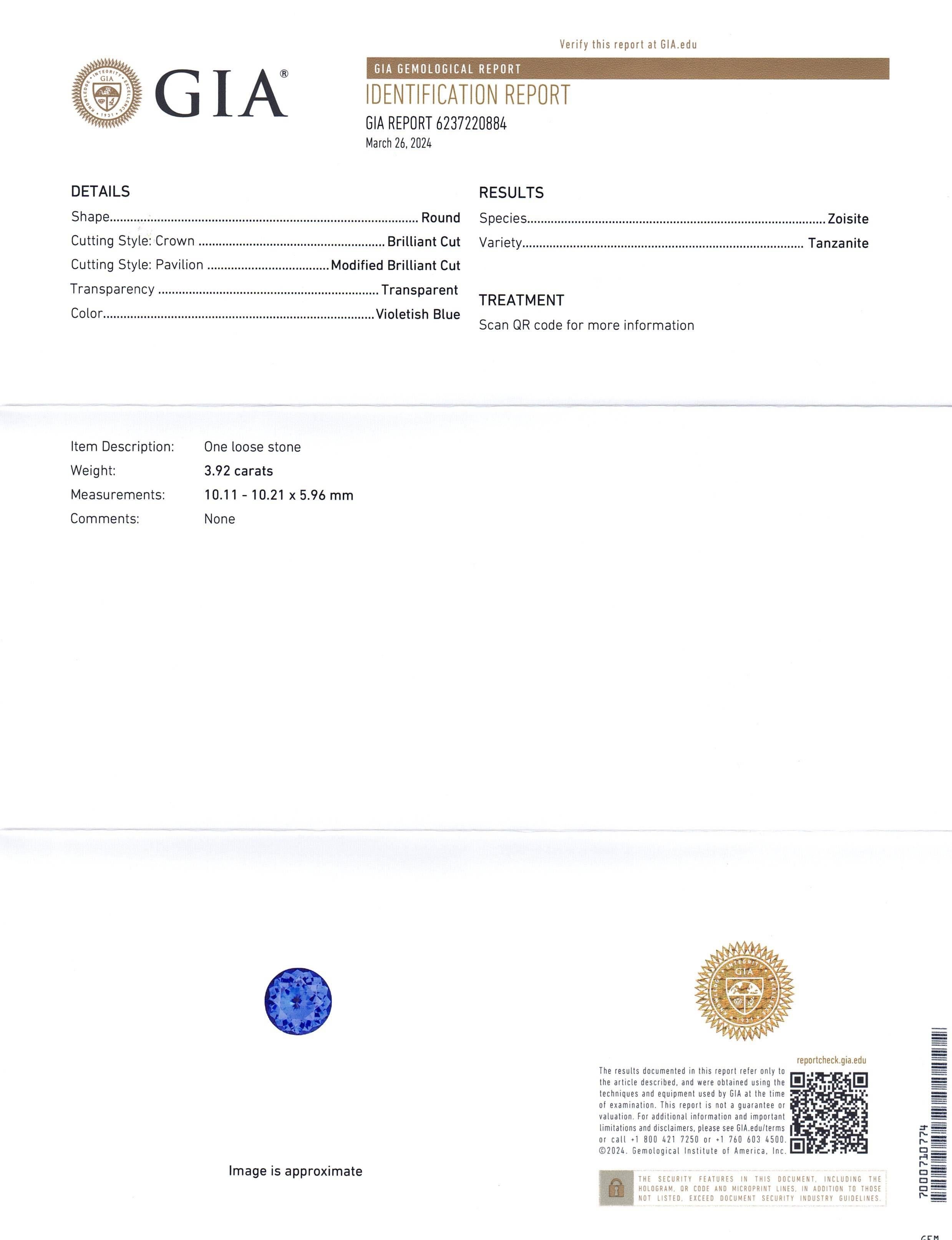 Il s'agit d'une superbe Tanzanite certifiée GIA. 


Le rapport de la GIA se lit comme suit :

Numéro de rapport GIA : 6237220884
Forme : Rond
Style de coupe : 
Style de coupe : Couronne : Coupe brillante
Style de coupe : Pavillon : Brilliante