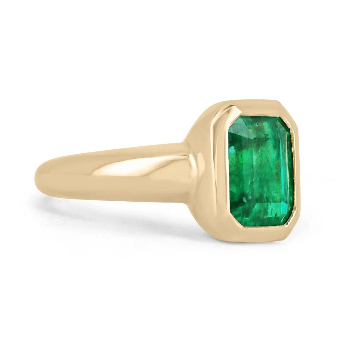 A remarkable, AAA+ emerald solitaire engagement ring. A 3.92-carat, natural emerald cut Colombian emerald with superb qualities. This extremely rare fine gemstone is considered the top 1% of gem production in the global emerald market. A gemstone so