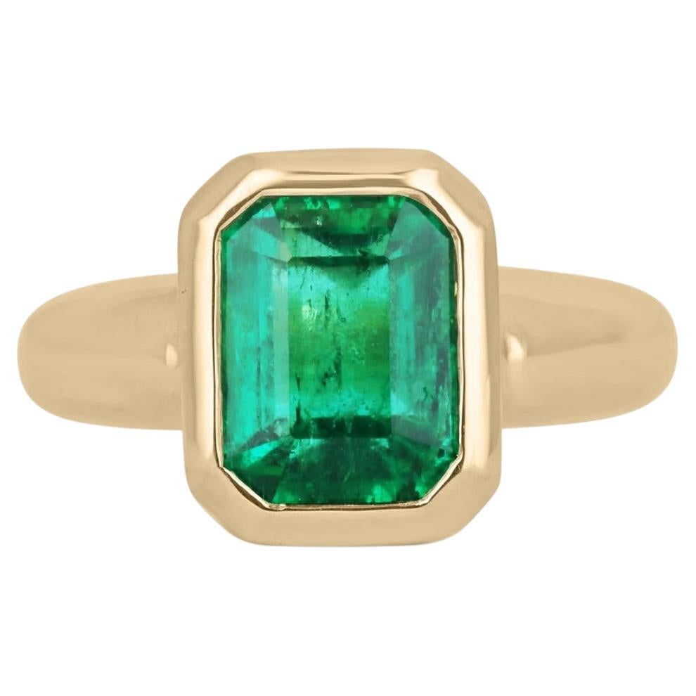 AAA+ 3.92cts Minor Oil Colombian Emerald-Emerald Cut Solitaire Bezel Ring 18K