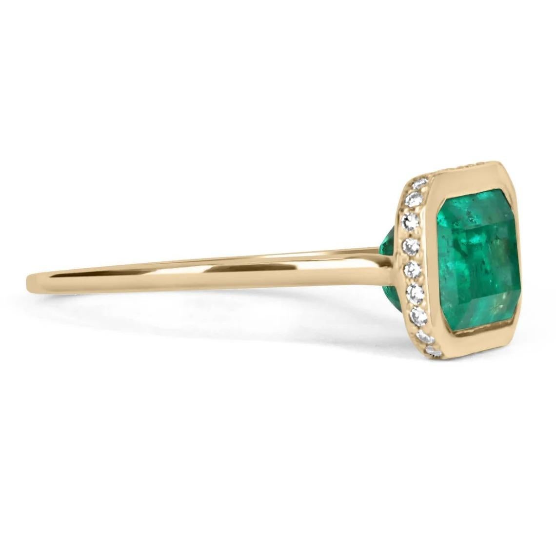 Showcased is a modern, emerald, and diamond accent solitaire ring. This solitaire carries a full 3.62-carat natural emerald cut-Colombian emerald. This gemstone is fully faceted and has an excellent shine. Diamonds accent the ring from the side